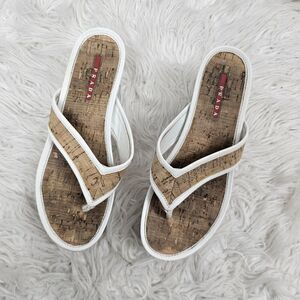 Vintage Prada Wedges 37 Cork Flip Flop Thong White